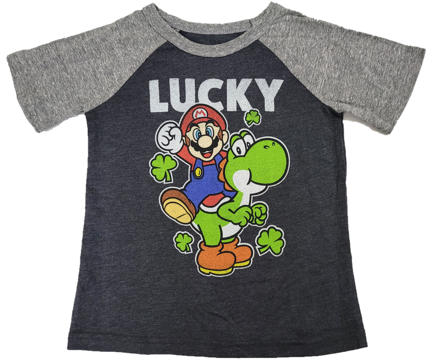 Super Mario Bros Yoshi Shamrock Lucky Boys T-Shirt (Grey)