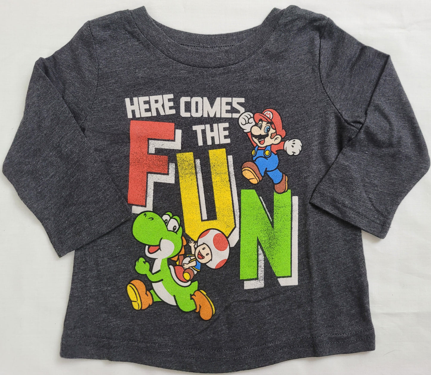 Super Mario Bros Here Comes the Fun Yoshi Toad Boys T-Shirt (Grey)
