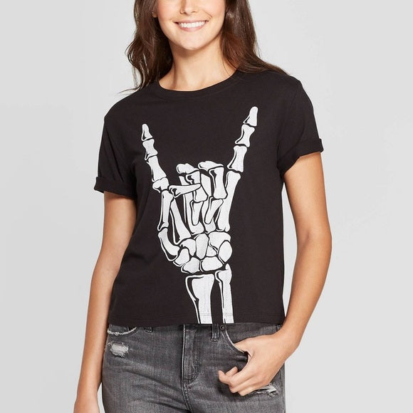 Skeleton Rock Sign Devils Horns Zoe + Liv  Womens T-Shirt (Black)