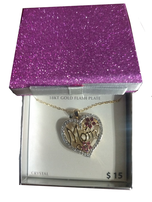 18 Karat KT Gold Flash Mom Heart Crystal Pendent 18 inch Chain