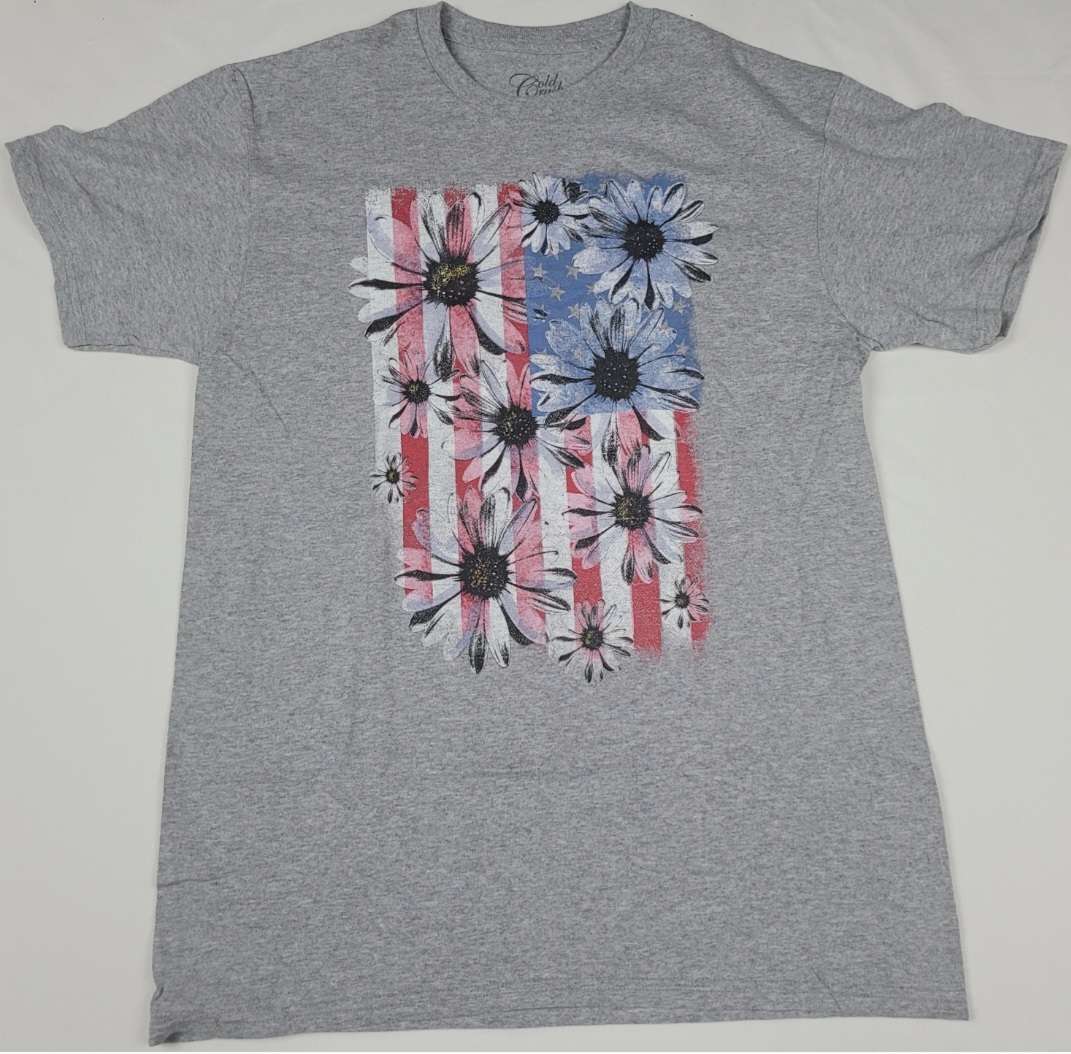 Cold Crush Flowers American Flag Stars N Stripes Womens T-Shirt (Grey)