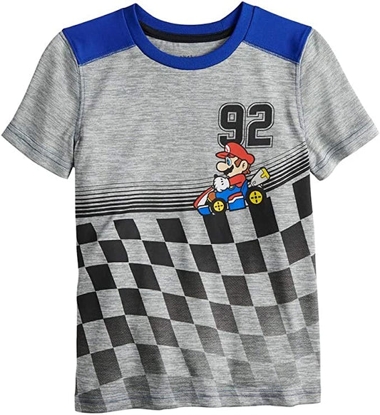 Mario Kart 1992 Checkered Flag Race Car Boys T-Shirt (Gray)