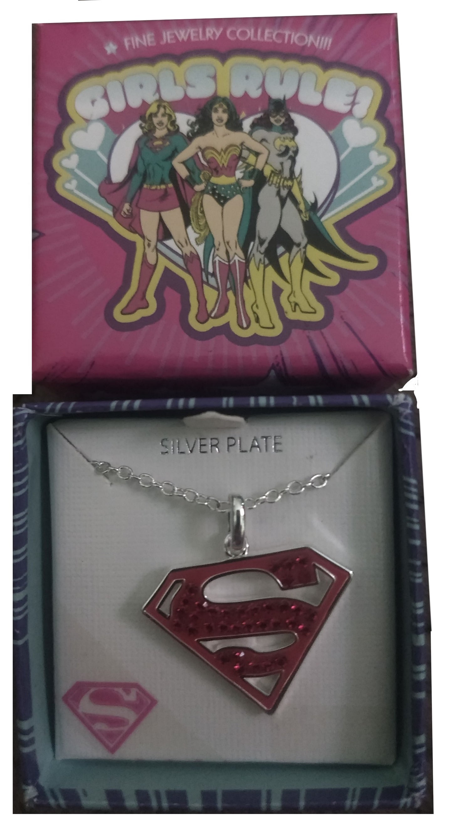 Superman Logo Crystal Pendant Silver Plated Girls Rule