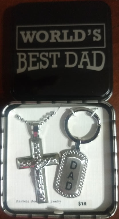 World's Best Dad Stainless Steel Crucifix Pendant 22” Chain Dad Key Holder Set